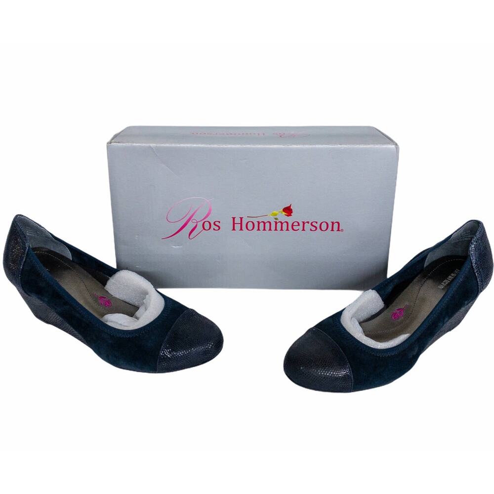 Ros Hommerson Harlow Navy Suede Lizard Cap Toe Wedge Pump Women's 8N NWB